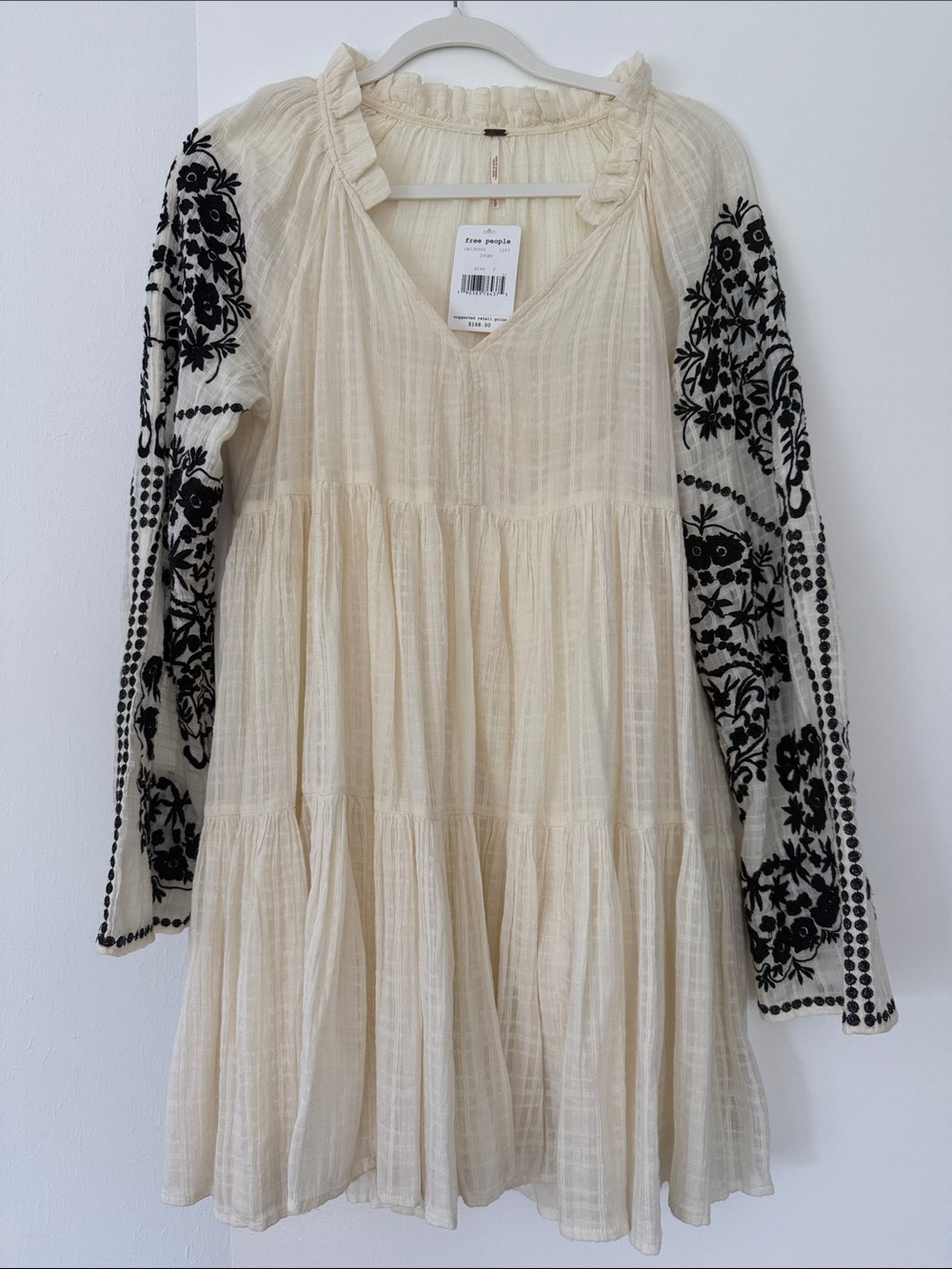 Free People Ivory Gauze Dress with Black Embroidered Sleeves